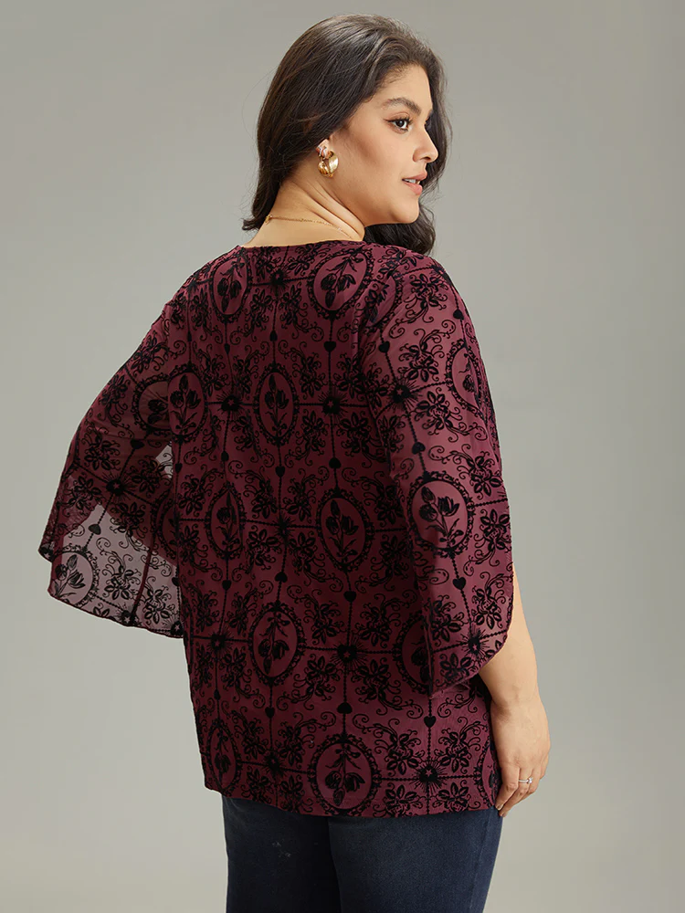 Silhouette Floral Print V Neck Petal Sleeve Blouse - Image 2