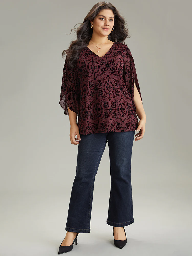 Silhouette Floral Print V Neck Petal Sleeve Blouse - Image 3