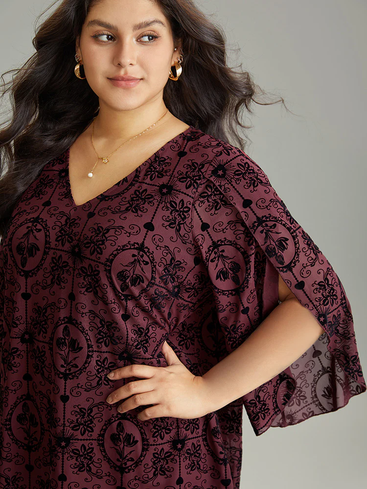 Silhouette Floral Print V Neck Petal Sleeve Blouse - Image 4