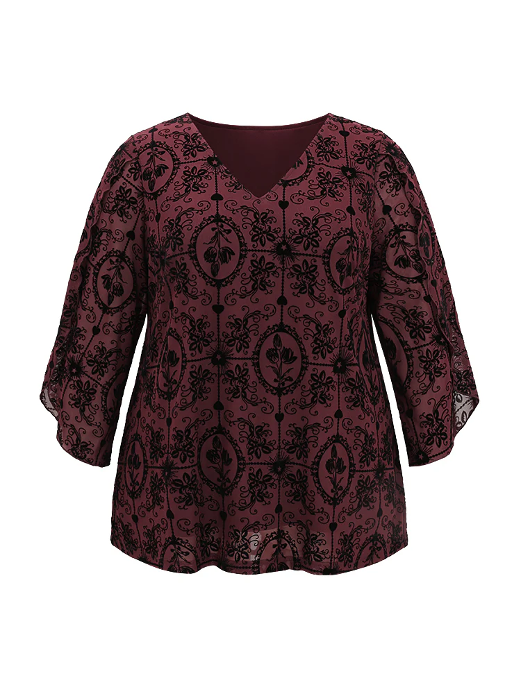 Silhouette Floral Print V Neck Petal Sleeve Blouse - Image 5