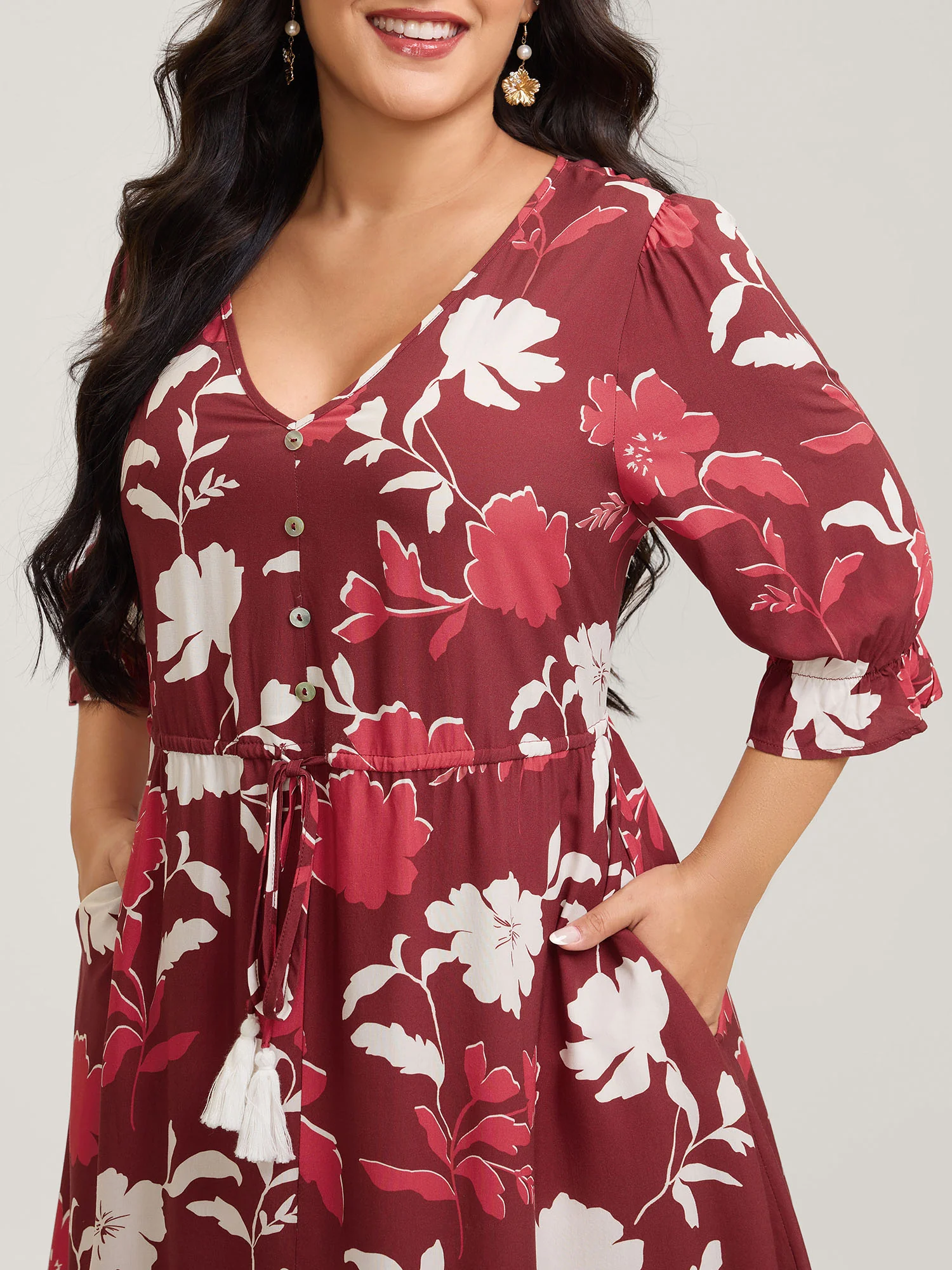 Silhouette Floral Print Waist-Drawstring Midi Dress - Image 2
