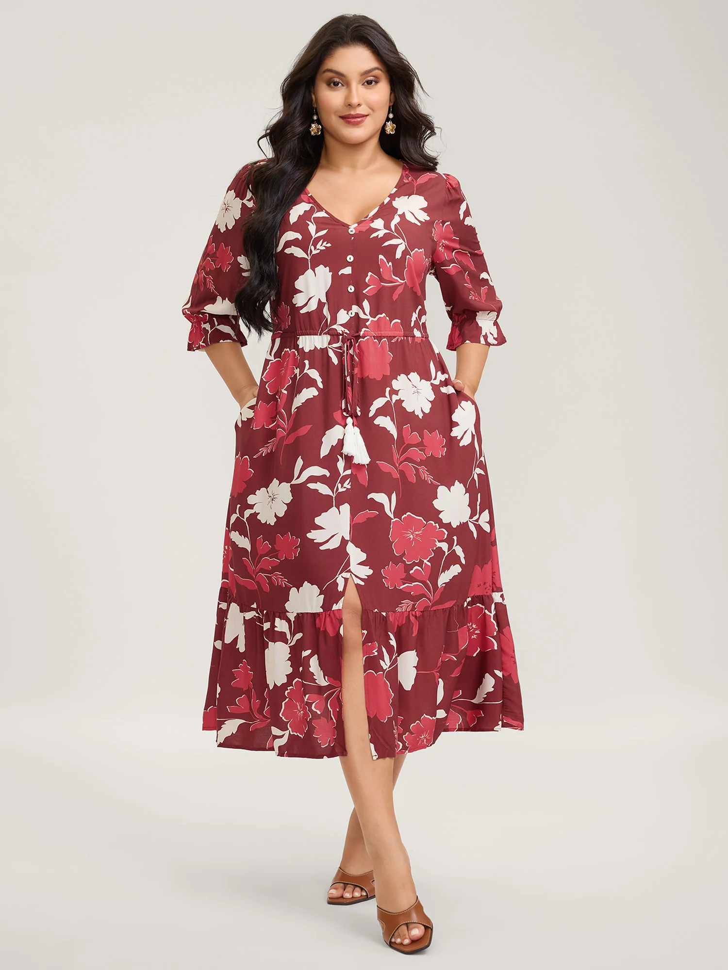 Silhouette Floral Print Waist-Drawstring Midi Dress - Image 3