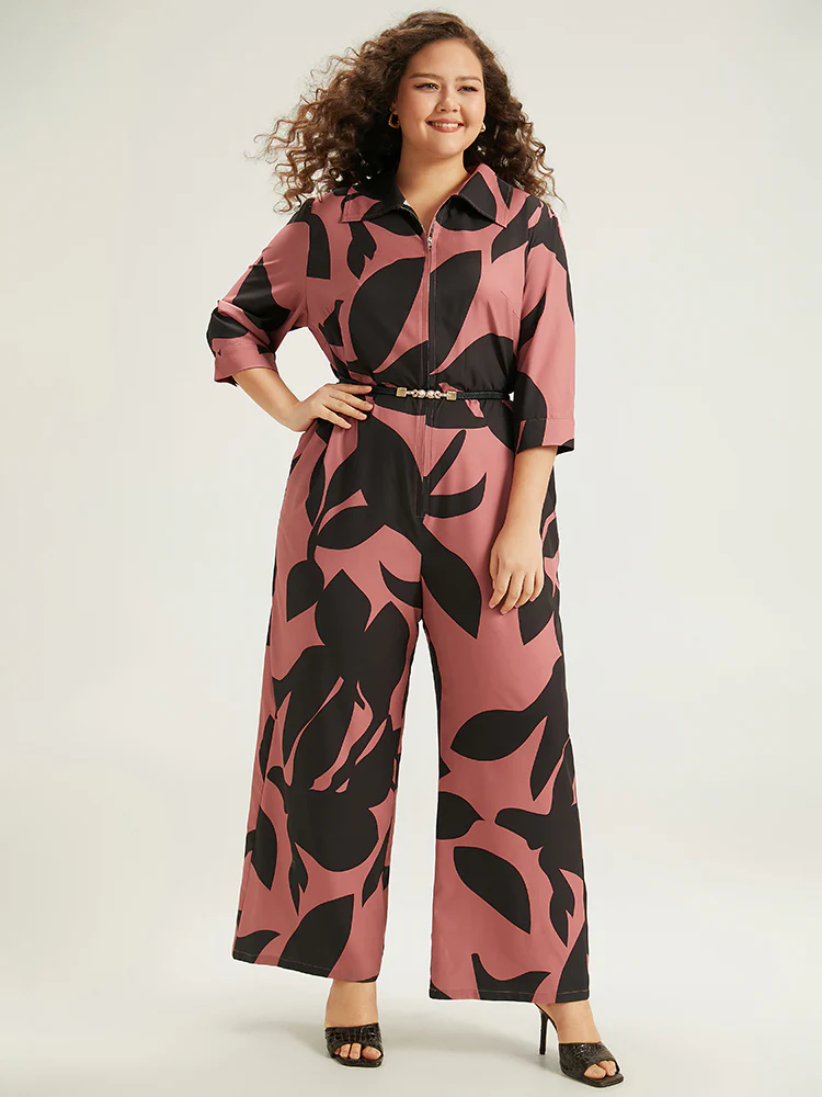 Silhouette Floral Print Zipper Belted Jumpsuit - Image 4