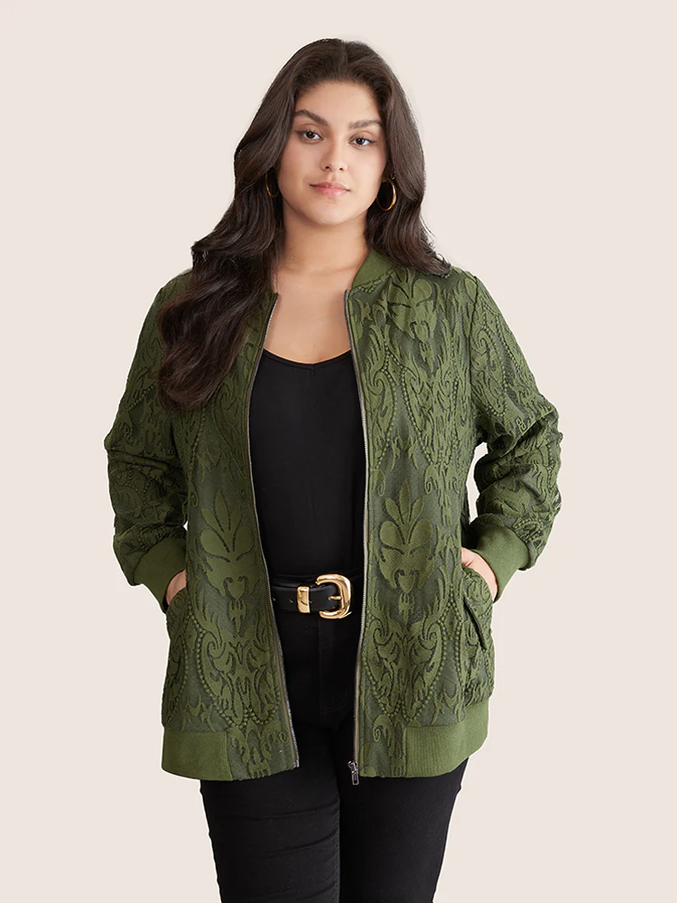 Silhouette Floral Print Zipper Lace Panel Jacket - Image 2