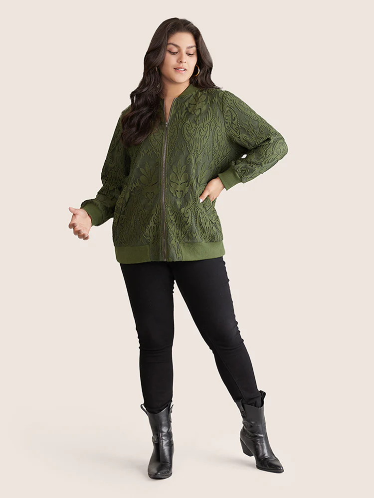 Silhouette Floral Print Zipper Lace Panel Jacket - Image 3