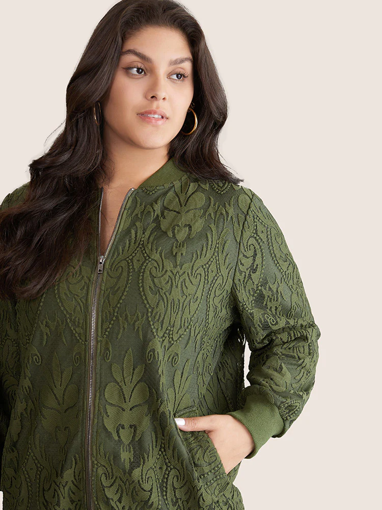 Silhouette Floral Print Zipper Lace Panel Jacket - Image 5