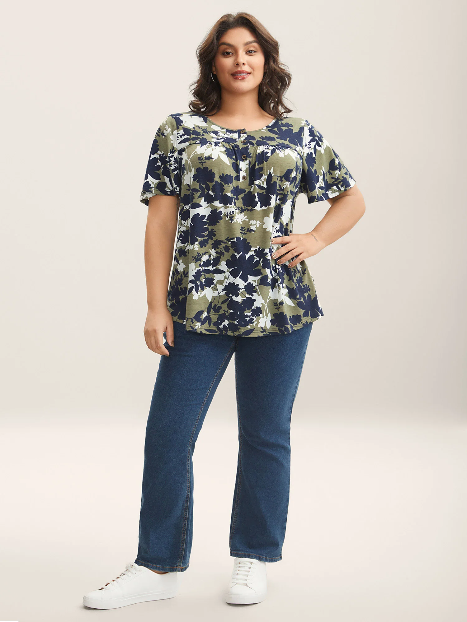 Silhouette Flower Button Placket Jersey Top - Image 3