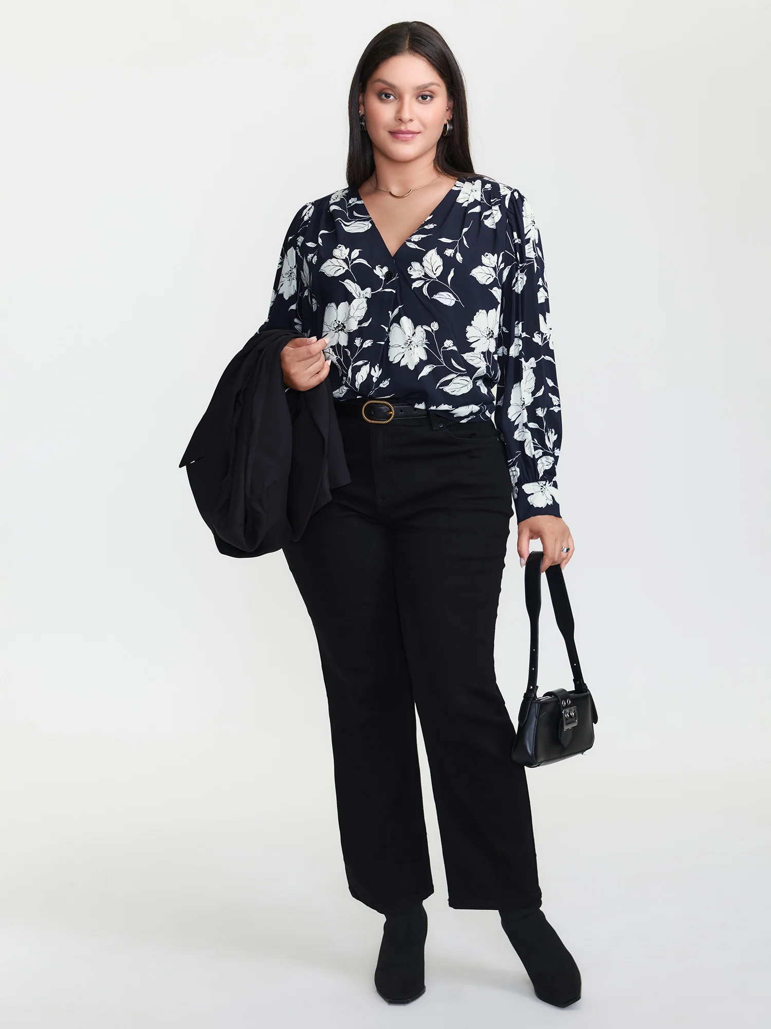 Silhouette Flower Pleated Shoulder Blouse - Image 2