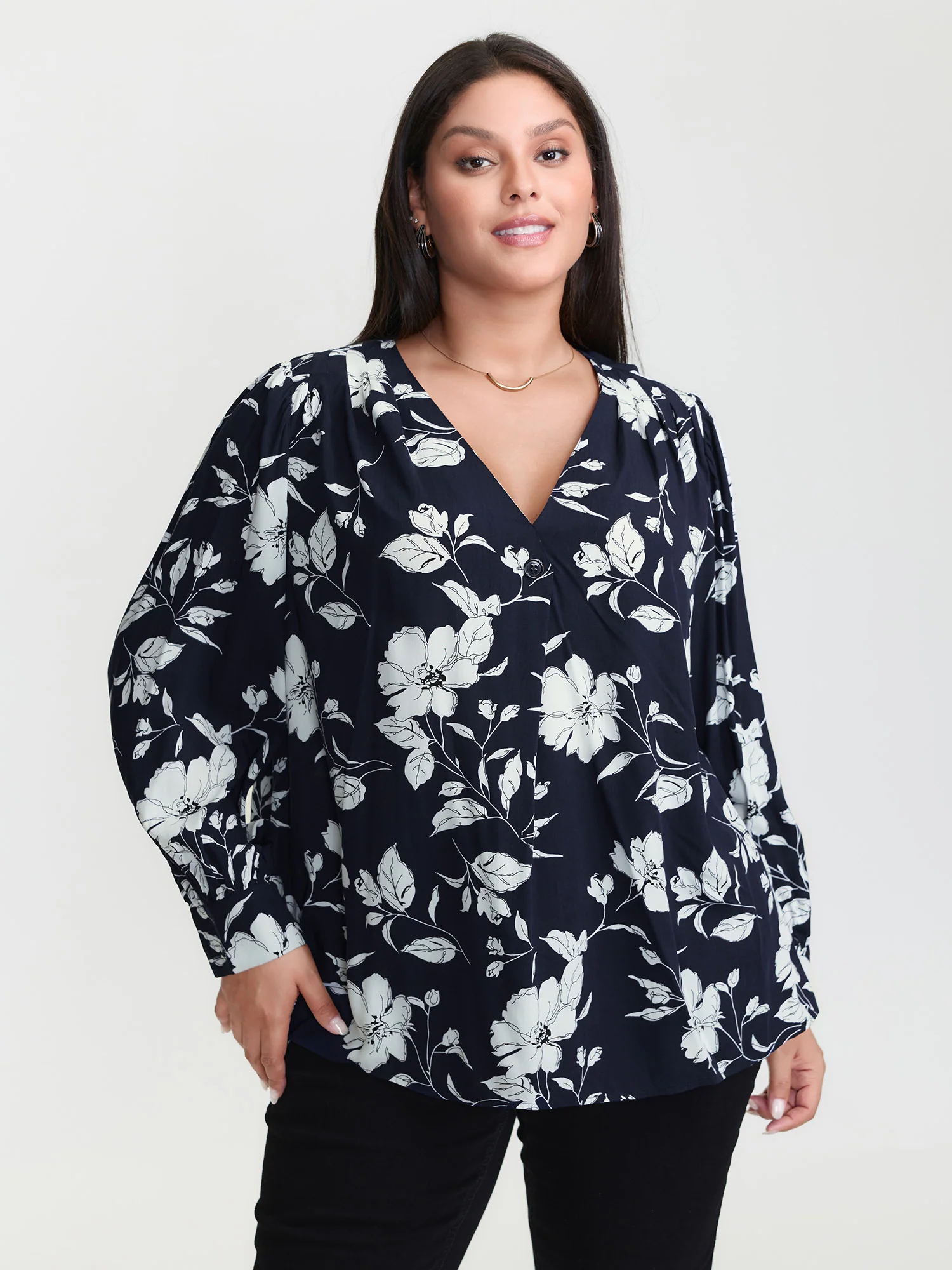 Silhouette Flower Pleated Shoulder Blouse - Image 3
