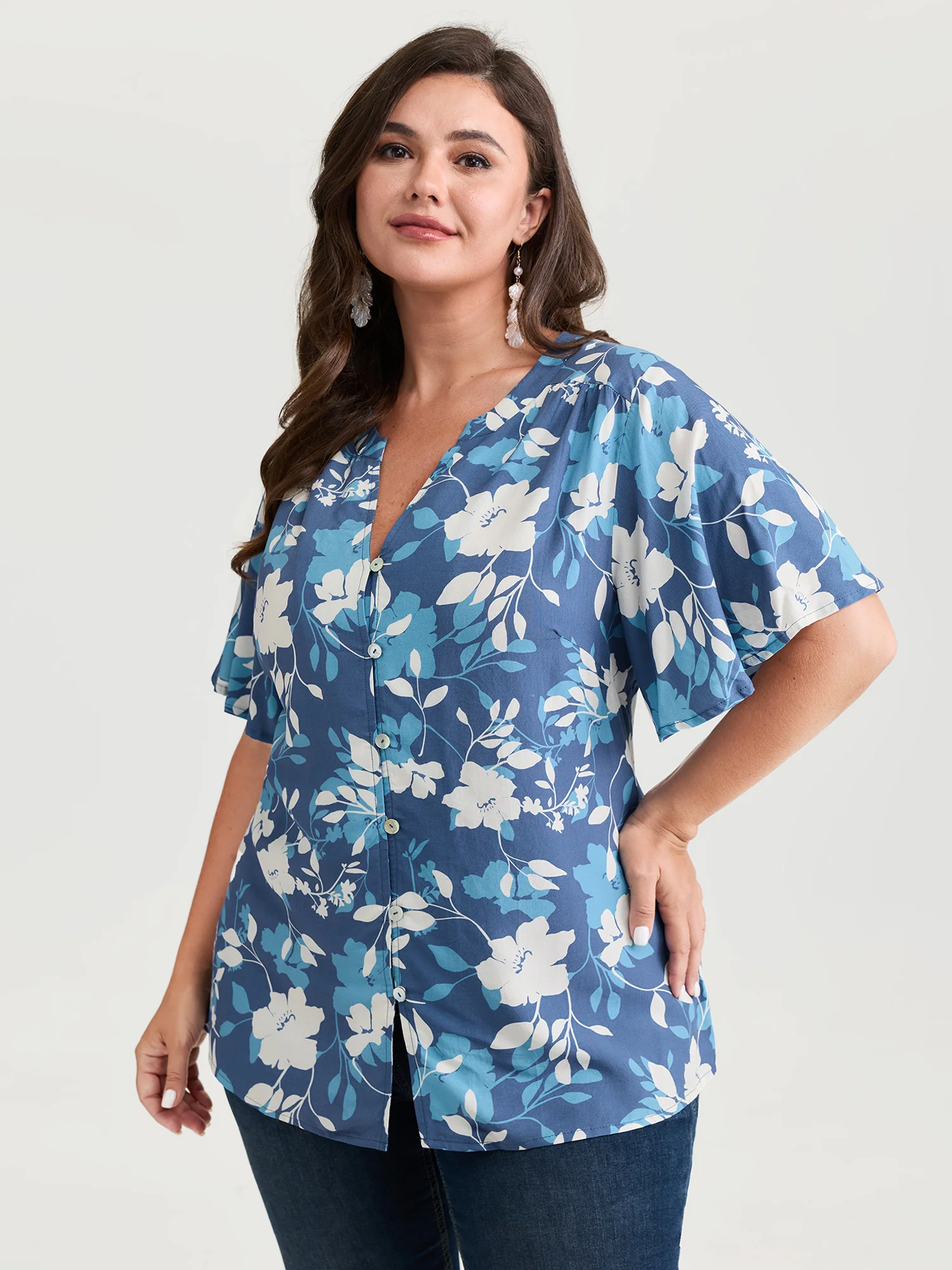 Silhouette Flower Print Button-Down Blouse