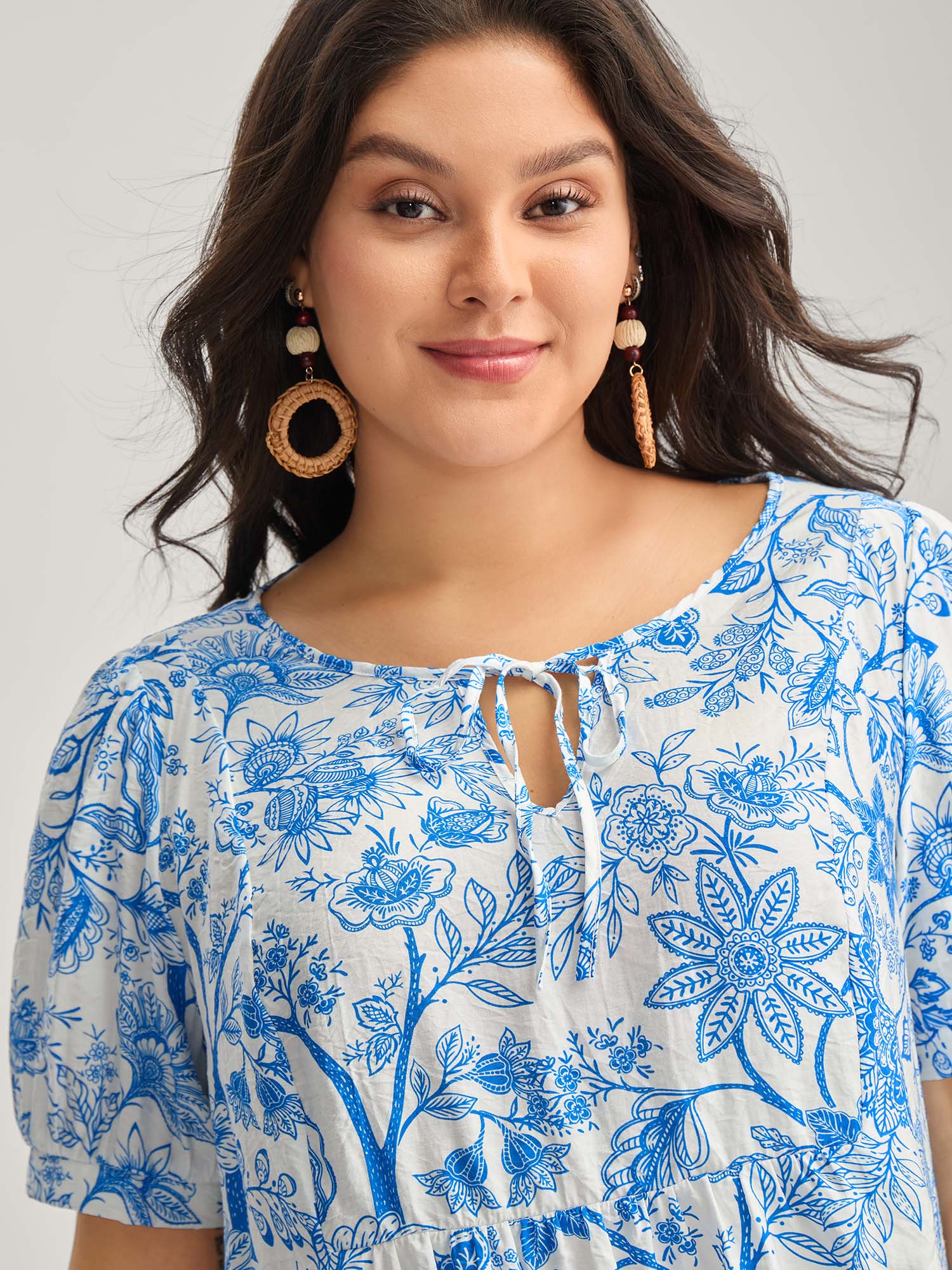 Silhouette Flower Print Neck Tie Blouse - Image 2