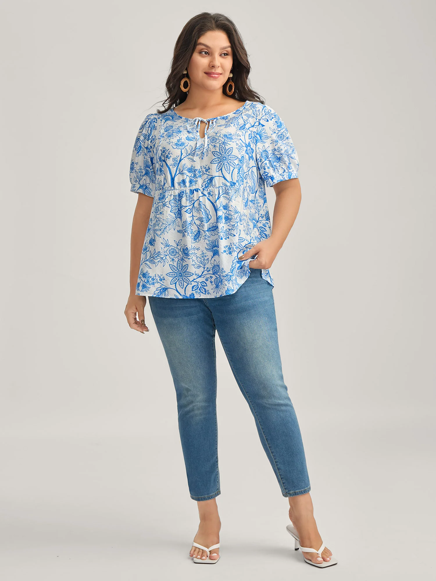Silhouette Flower Print Neck Tie Blouse - Image 3