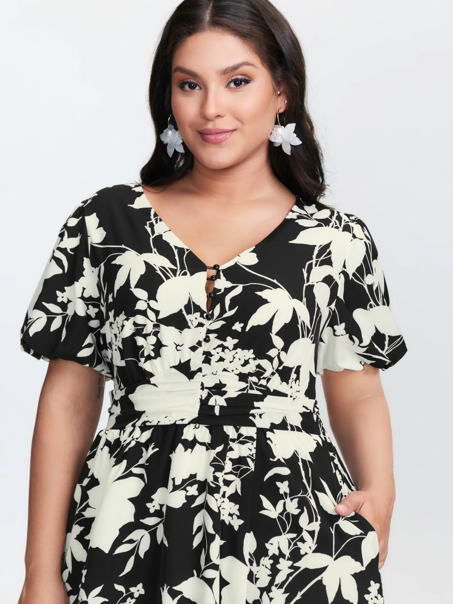 Silhouette Flower Print Pockets Adjustable Midi Dress - Image 2