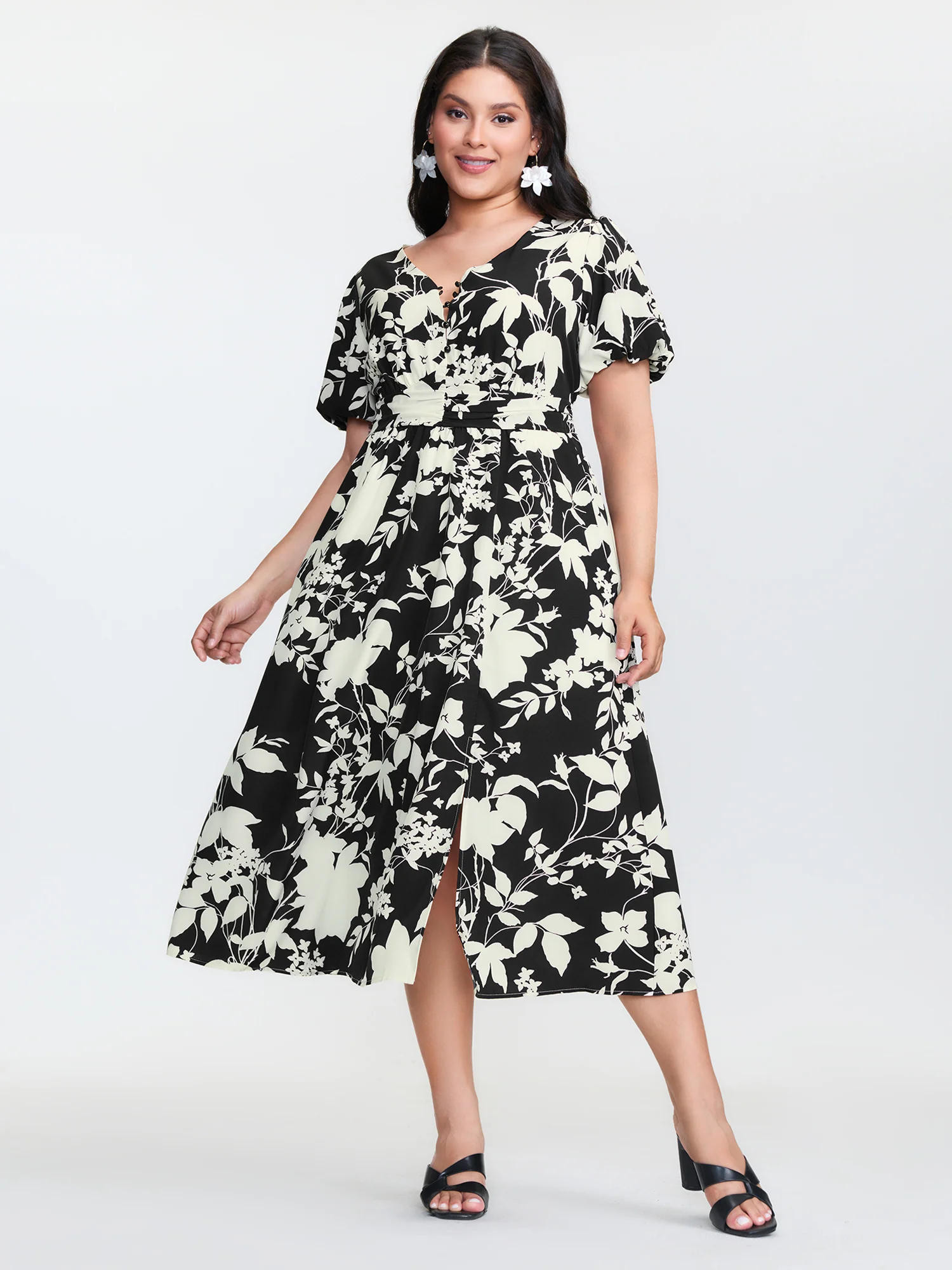 Silhouette Flower Print Pockets Adjustable Midi Dress - Image 3