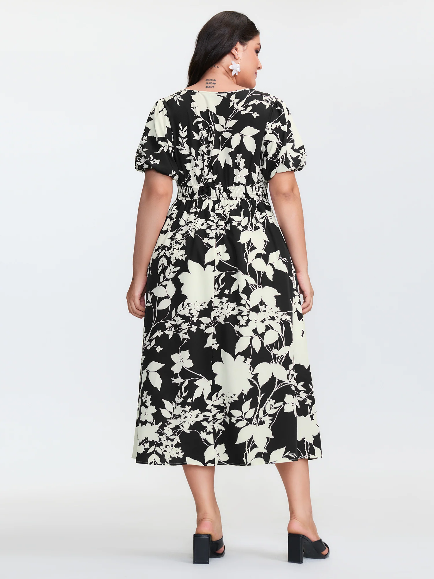 Silhouette Flower Print Pockets Adjustable Midi Dress - Image 4