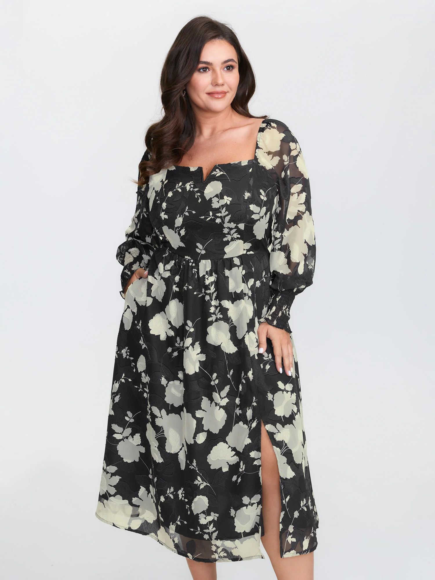 Silhouette Flower Print Shirred Pockets Midi Dress - Image 2