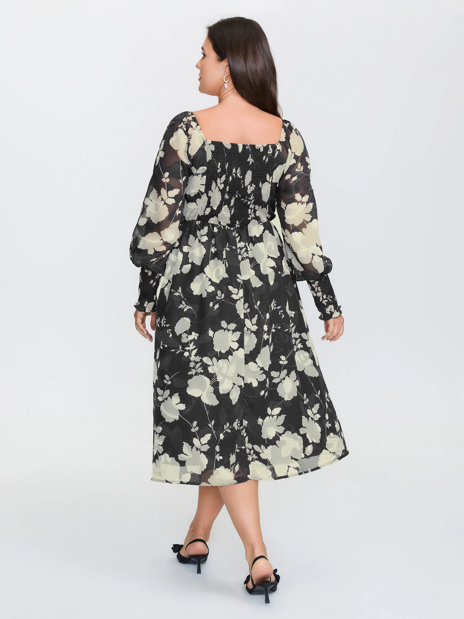 Silhouette Flower Print Shirred Pockets Midi Dress - Image 6
