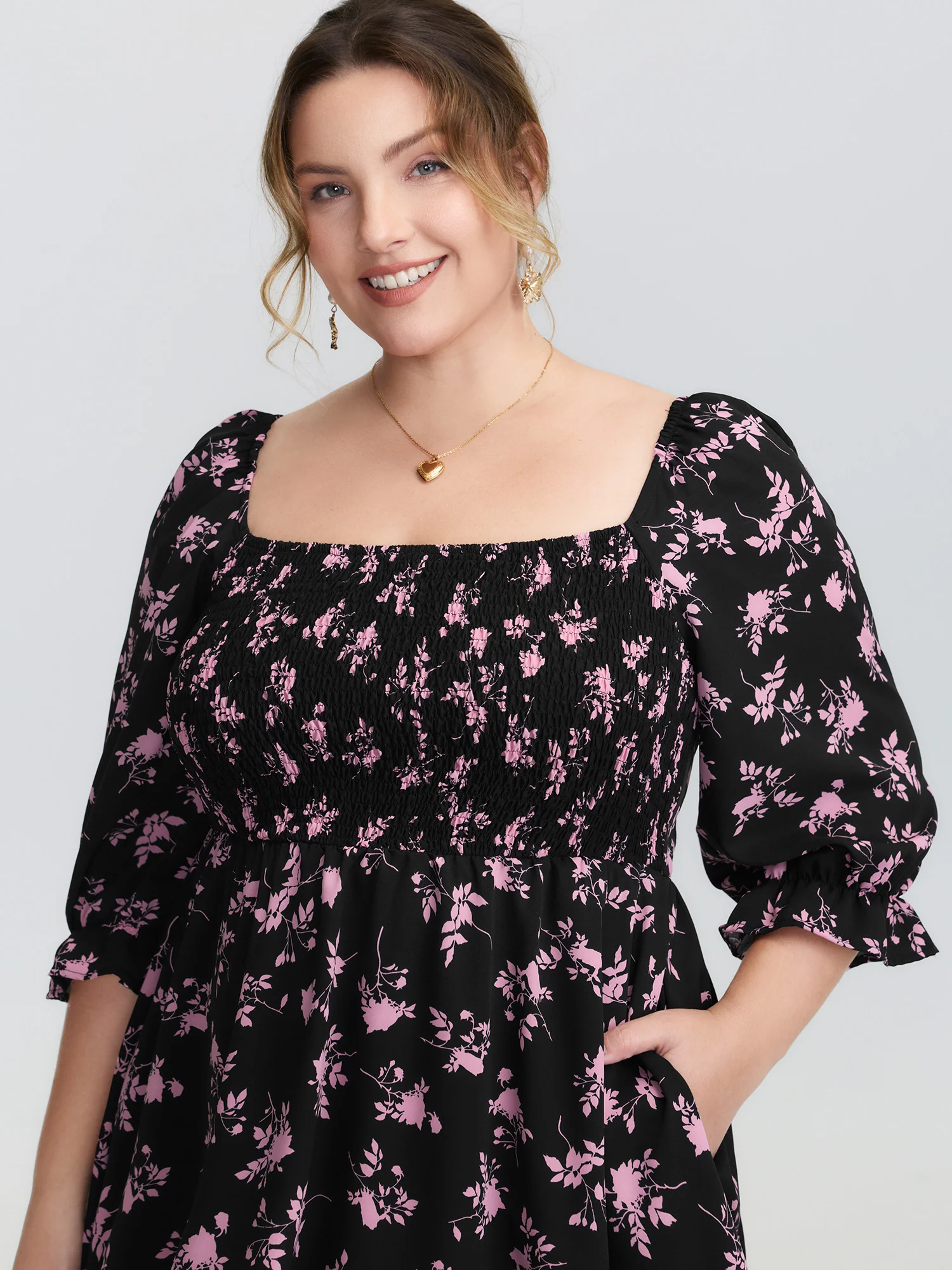 Silhouette Flower Print Shirred Stretchy Waist Midi Dress - Image 2