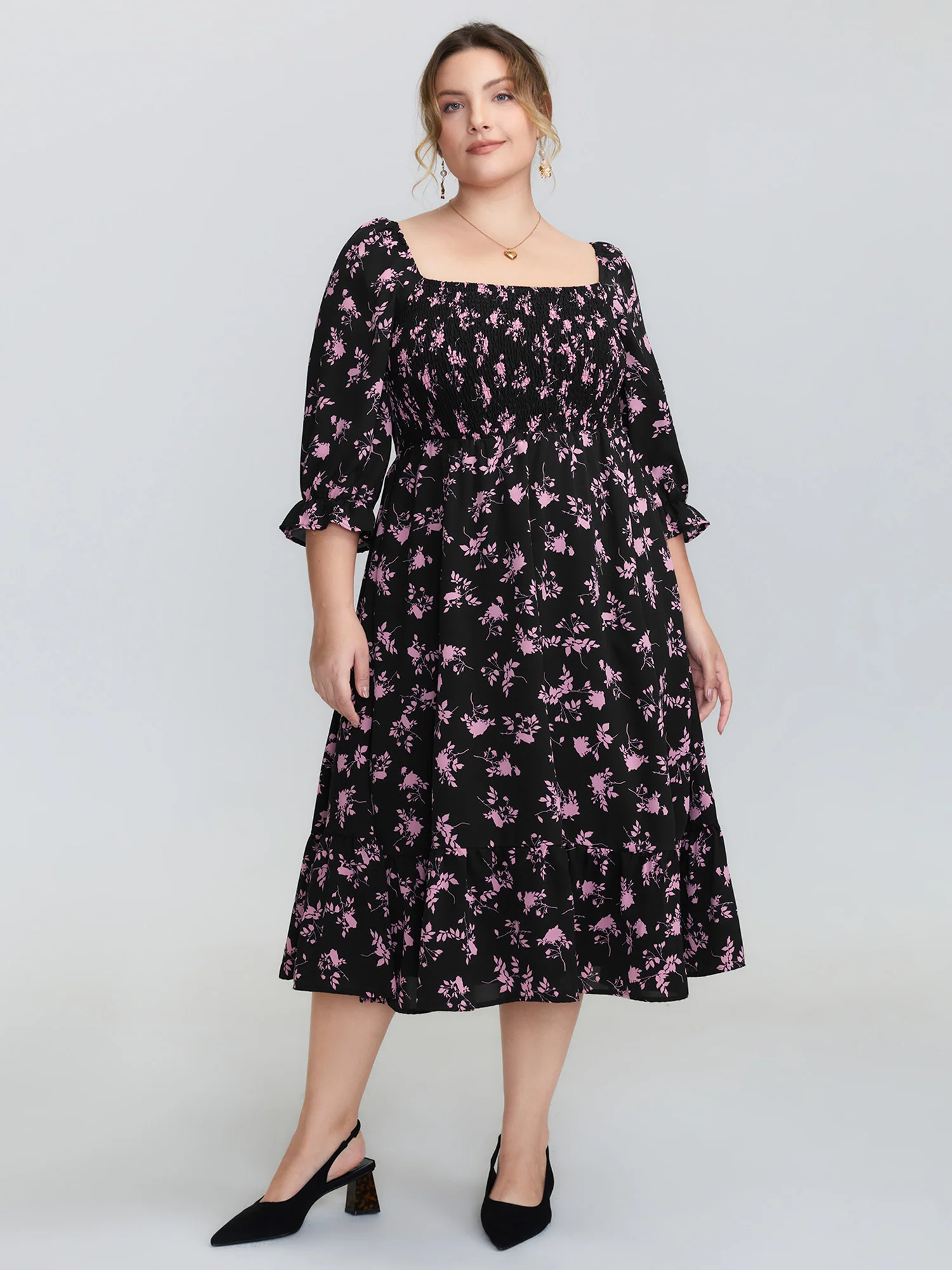 Silhouette Flower Print Shirred Stretchy Waist Midi Dress - Image 3