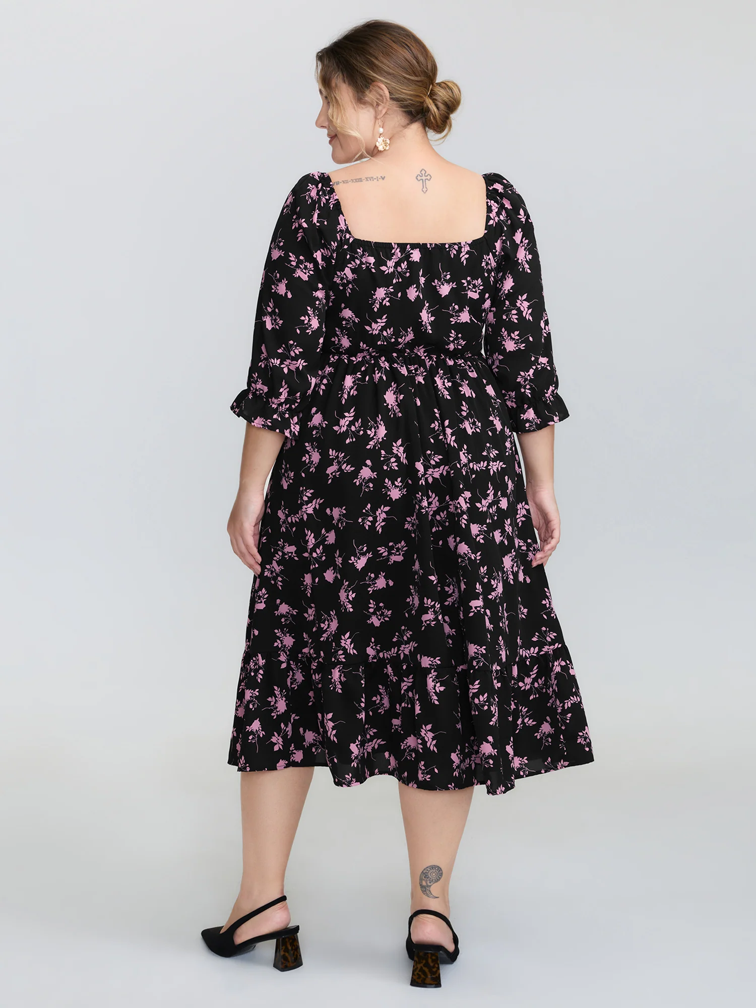 Silhouette Flower Print Shirred Stretchy Waist Midi Dress - Image 4