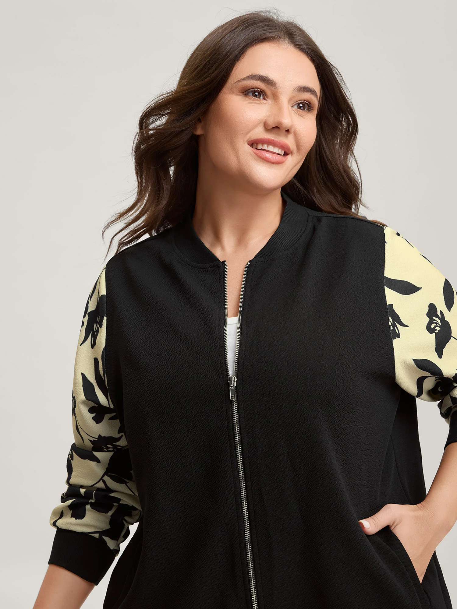 Silhouette Flower Print Zipper-Front Jacket - Image 2