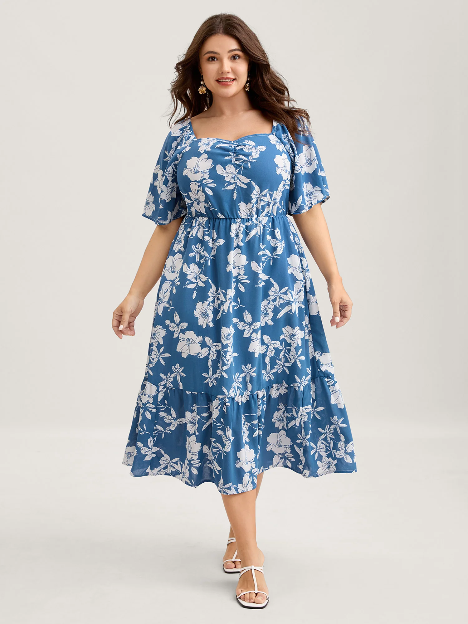 Silhouette Flower Stretchy Waist Pleated Midi Dress - Image 3
