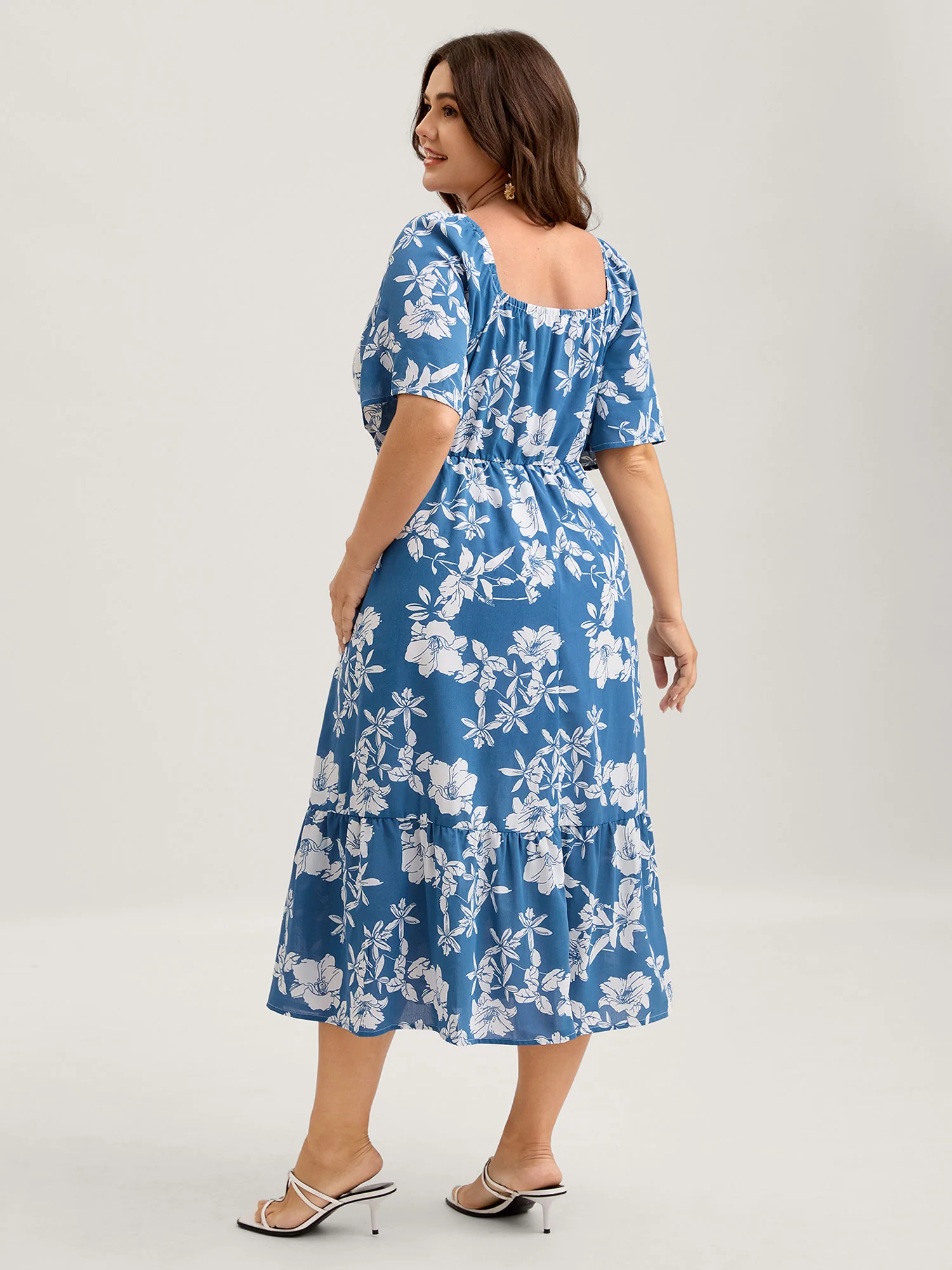 Silhouette Flower Stretchy Waist Pleated Midi Dress - Image 4