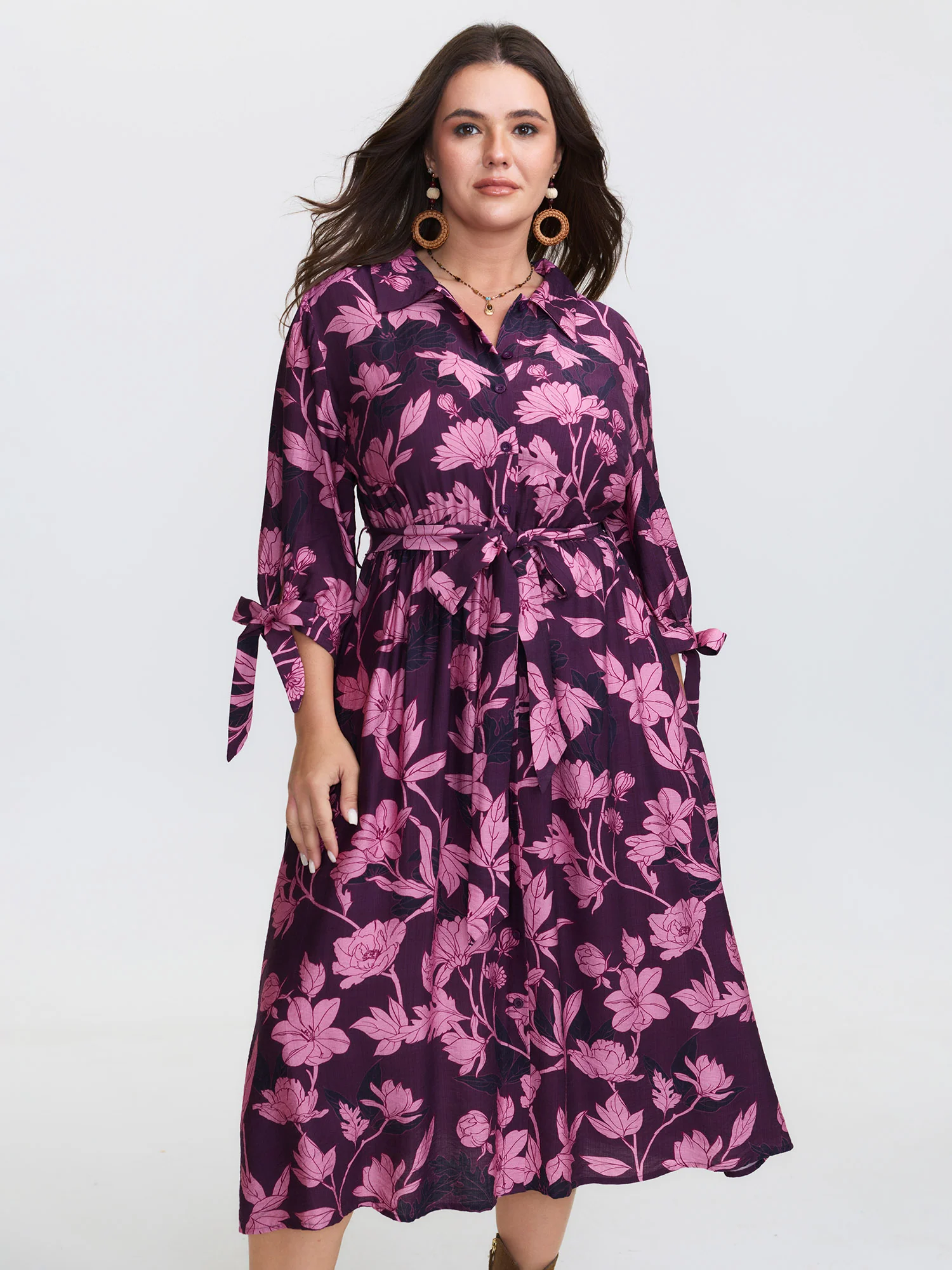 Silhouette Flower Stretchy Waist Tie Midi Dress - Image 2