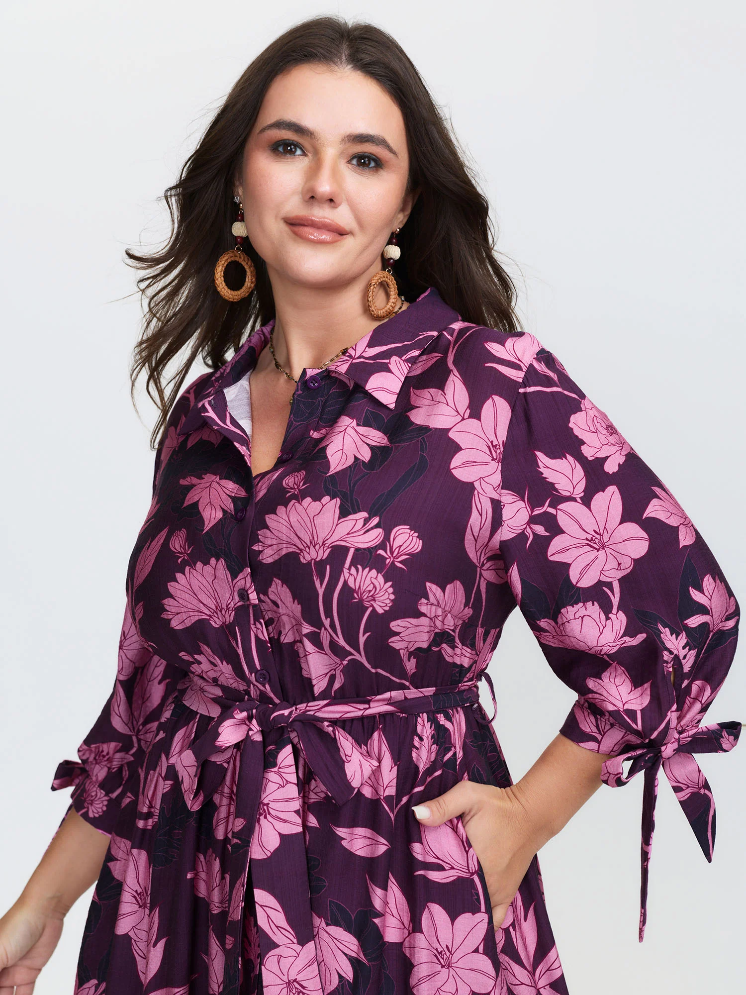 Silhouette Flower Stretchy Waist Tie Midi Dress - Image 3