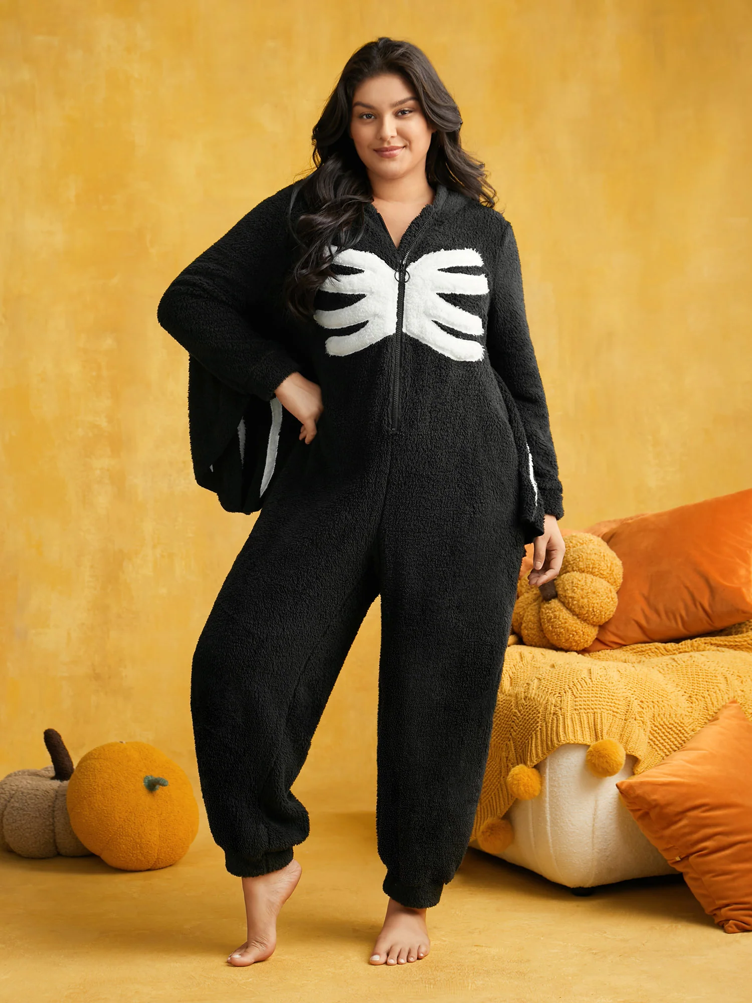 Bat Print Hooded Flannel Lounge Jumpsuit - Image 4