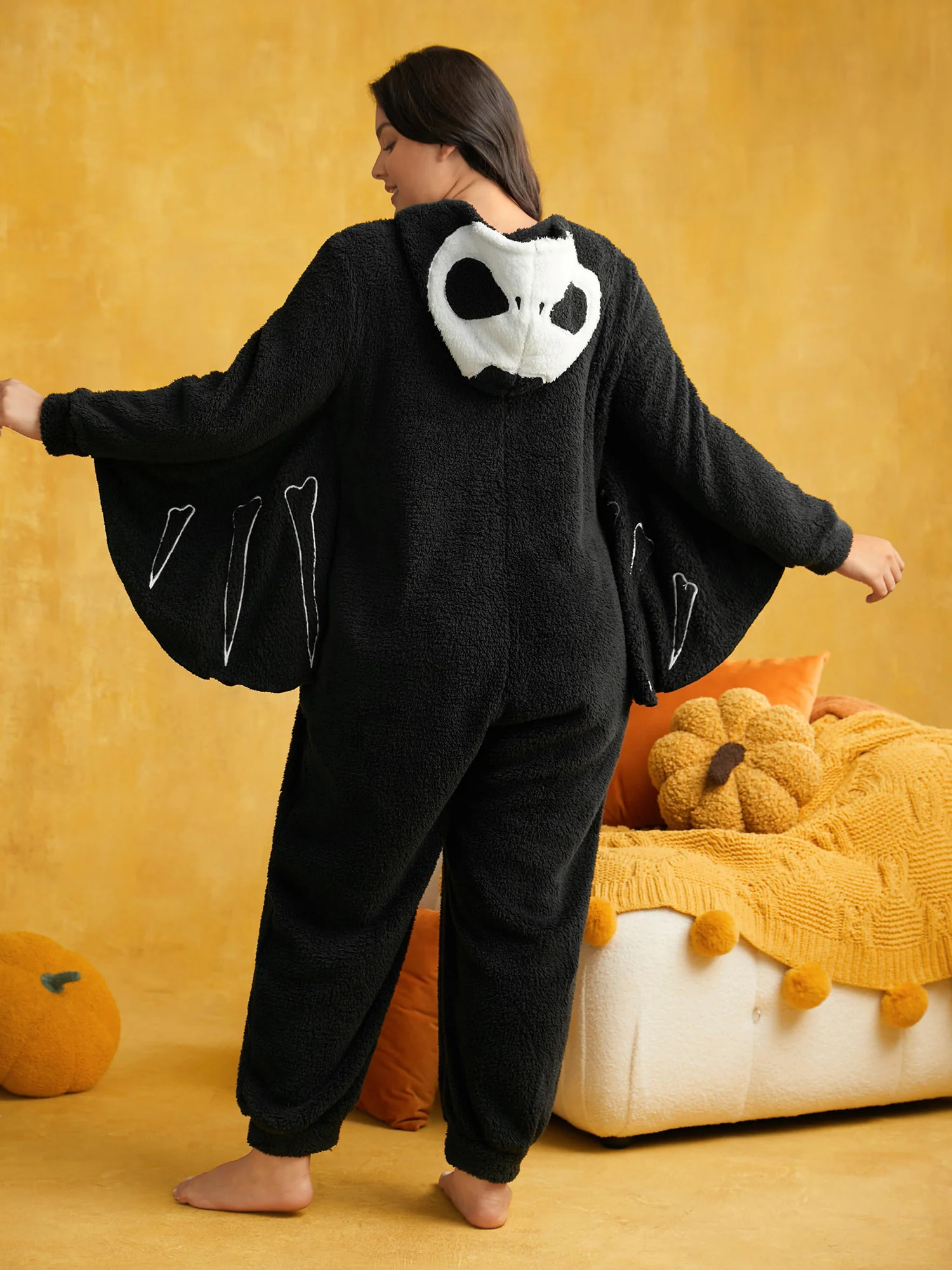 Bat Print Hooded Flannel Lounge Jumpsuit - Image 6