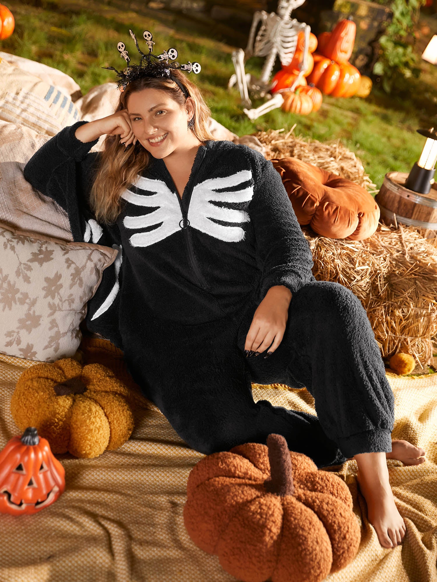 Bat Print Hooded Flannel Lounge Jumpsuit - Image 8