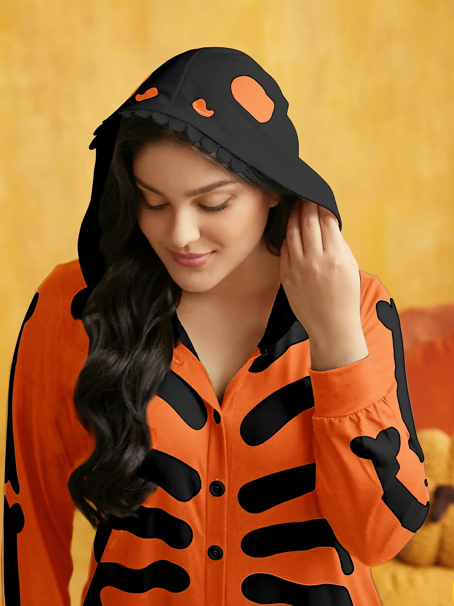 Skeleton Printed Button-Up Hooded Lounge Jumpsuit - Image 2