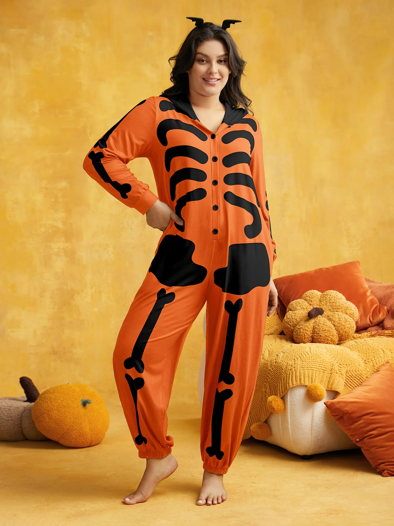 Skeleton Printed Button-Up Hooded Lounge Jumpsuit - Image 3