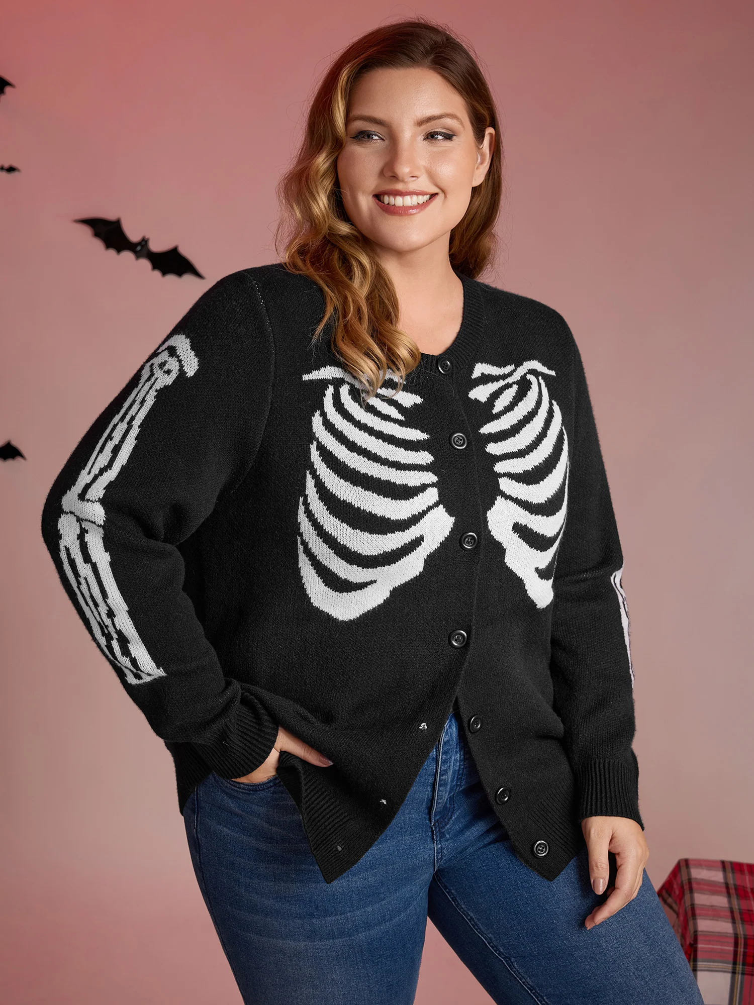 Skeleton Ribcage Print Button Knit Cardigan - Image 2