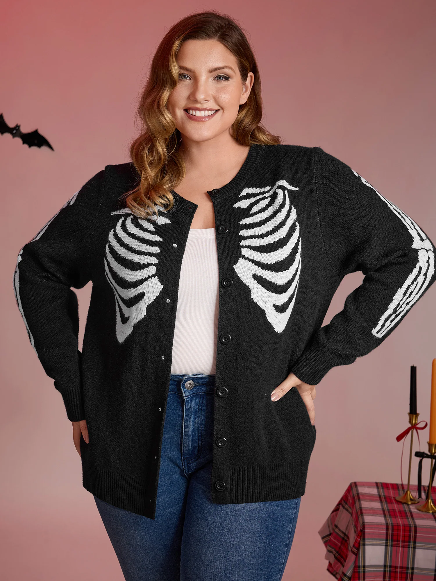 Skeleton Ribcage Print Button Knit Cardigan - Image 3