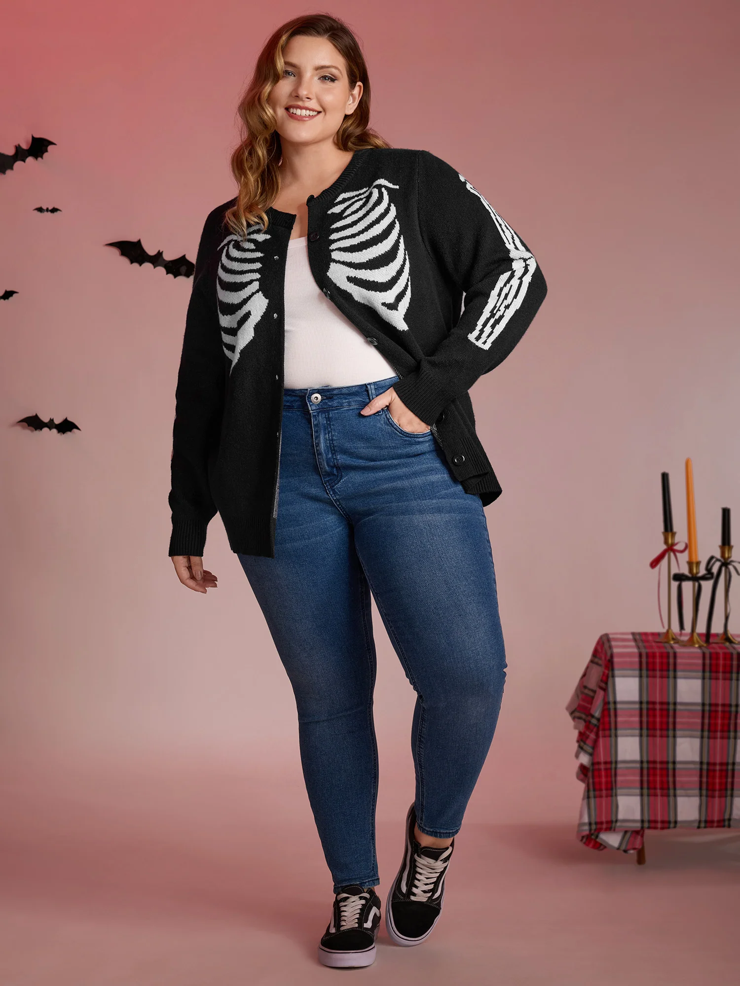 Skeleton Ribcage Print Button Knit Cardigan - Image 4