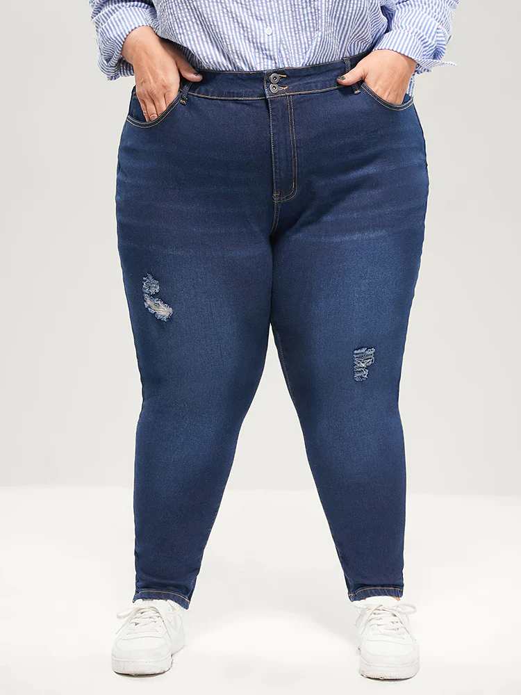 Skinny Extremely Stretchy High Rise Dark Wash Distressed Jeans - Image 10