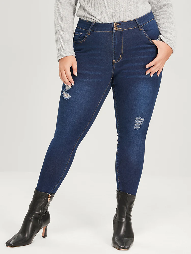 Skinny Extremely Stretchy High Rise Dark Wash Distressed Jeans - Image 2