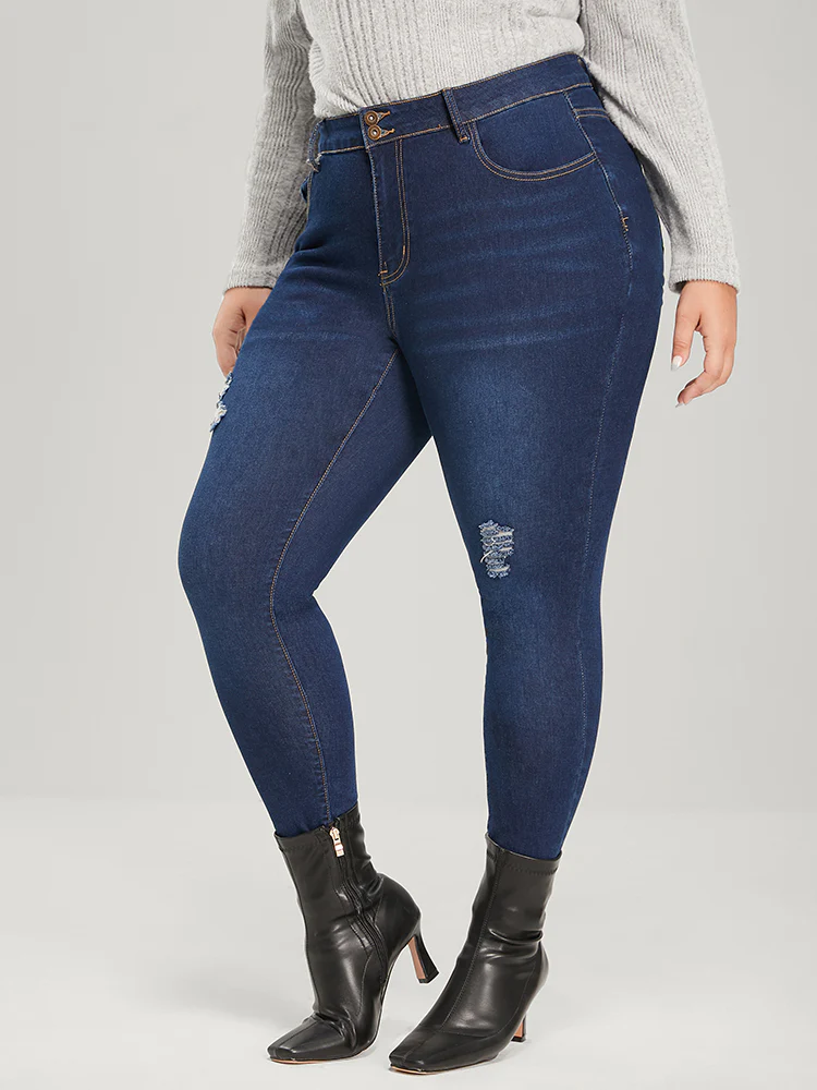 Skinny Extremely Stretchy High Rise Dark Wash Distressed Jeans - Image 3