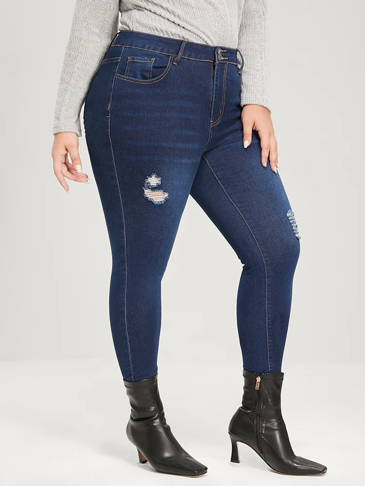 Skinny Extremely Stretchy High Rise Dark Wash Distressed Jeans - Image 4