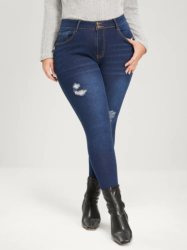 Skinny Extremely Stretchy High Rise Dark Wash Distressed Jeans - Image 5