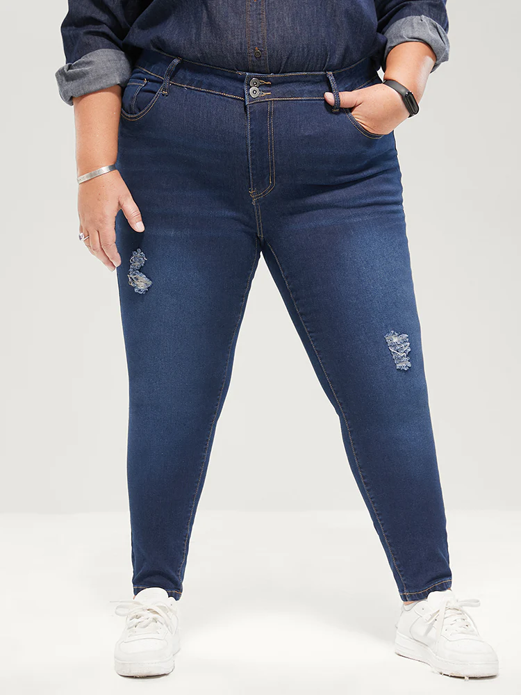Skinny Extremely Stretchy High Rise Dark Wash Distressed Jeans - Image 8