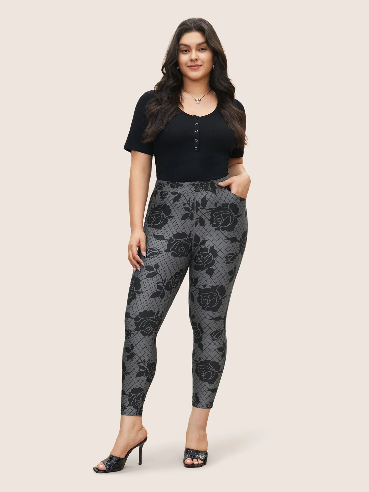 Skinny Rose Print High Rise Leggings - Image 3