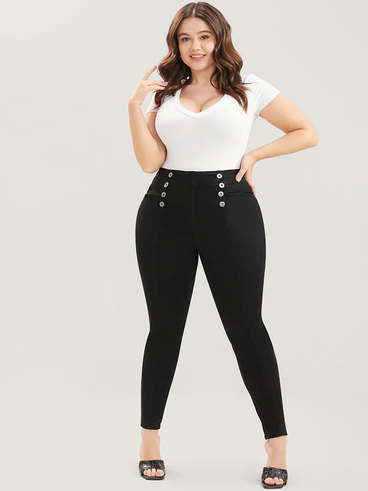 Skinny Slightly Stretchy High Rise Black Wash Button Detail Pocket Jeans - Image 2