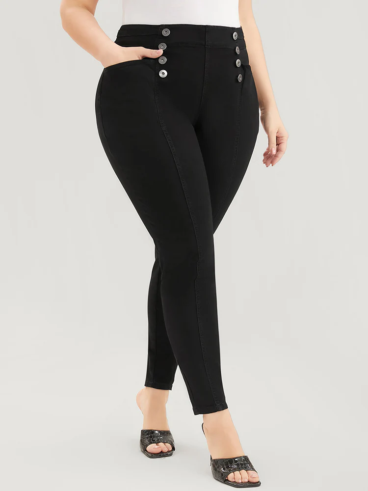 Skinny Slightly Stretchy High Rise Black Wash Button Detail Pocket Jeans - Image 3