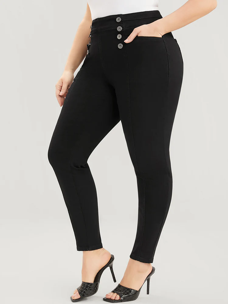 Skinny Slightly Stretchy High Rise Black Wash Button Detail Pocket Jeans - Image 4