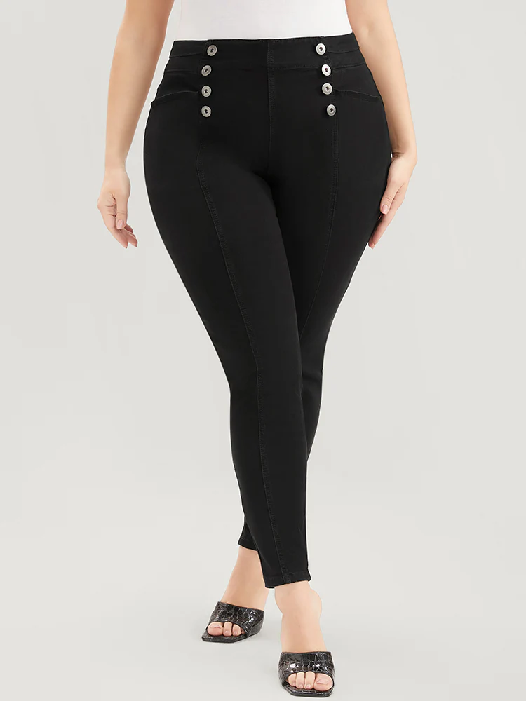 Skinny Slightly Stretchy High Rise Black Wash Button Detail Pocket Jeans - Image 5