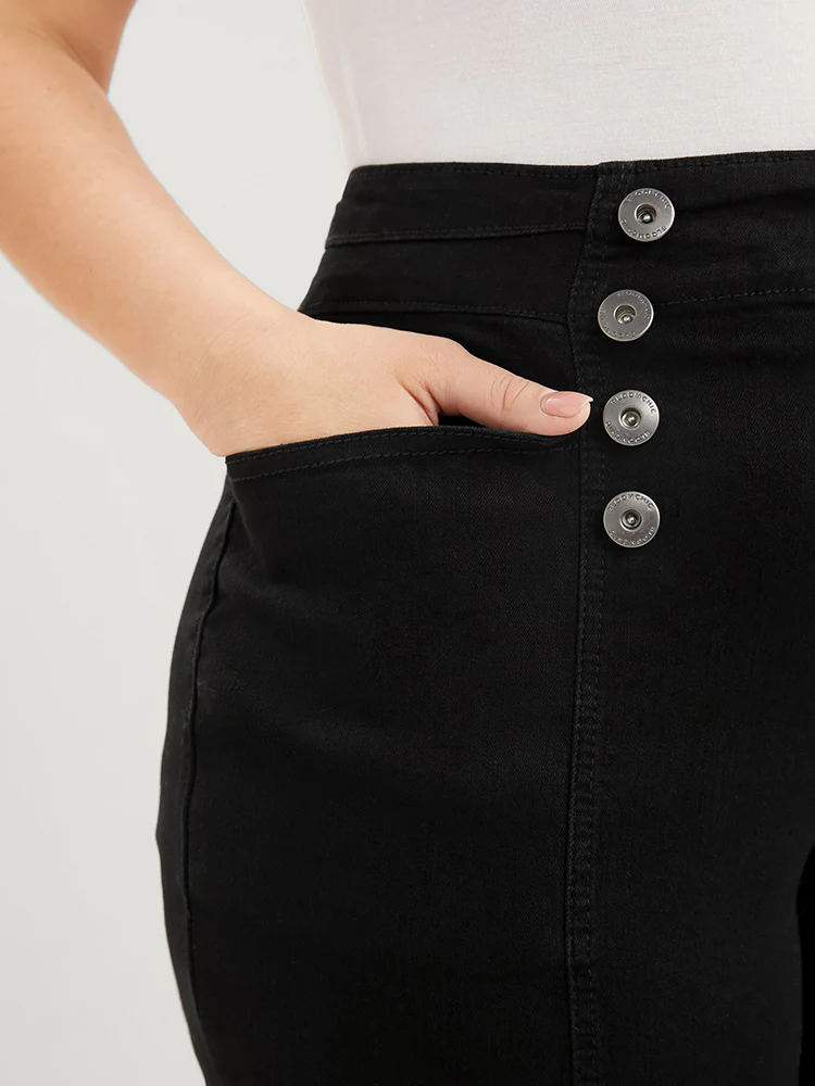 Skinny Slightly Stretchy High Rise Black Wash Button Detail Pocket Jeans - Image 8