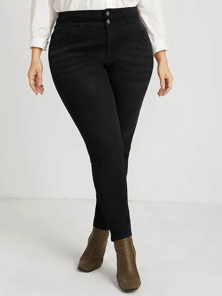 Skinny Slightly Stretchy High Rise Black Wash Double Button Jeans - Image 2